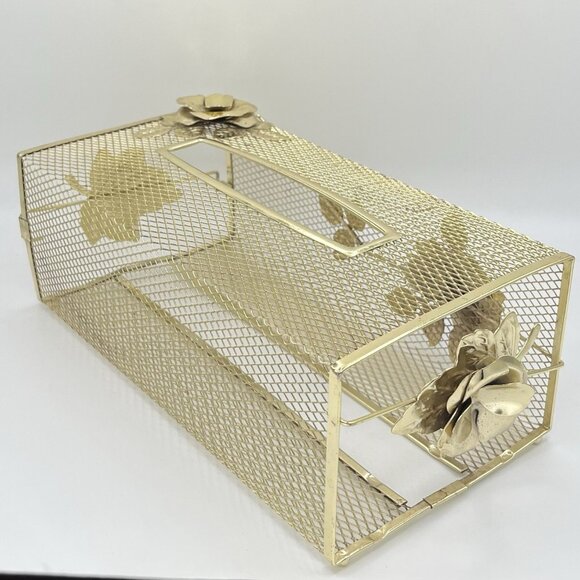 Vintage Gold Tone Metal Rose Tissue Box Cover Hollywood Regency Mesh Vanity MCM - Picture 2 of 7